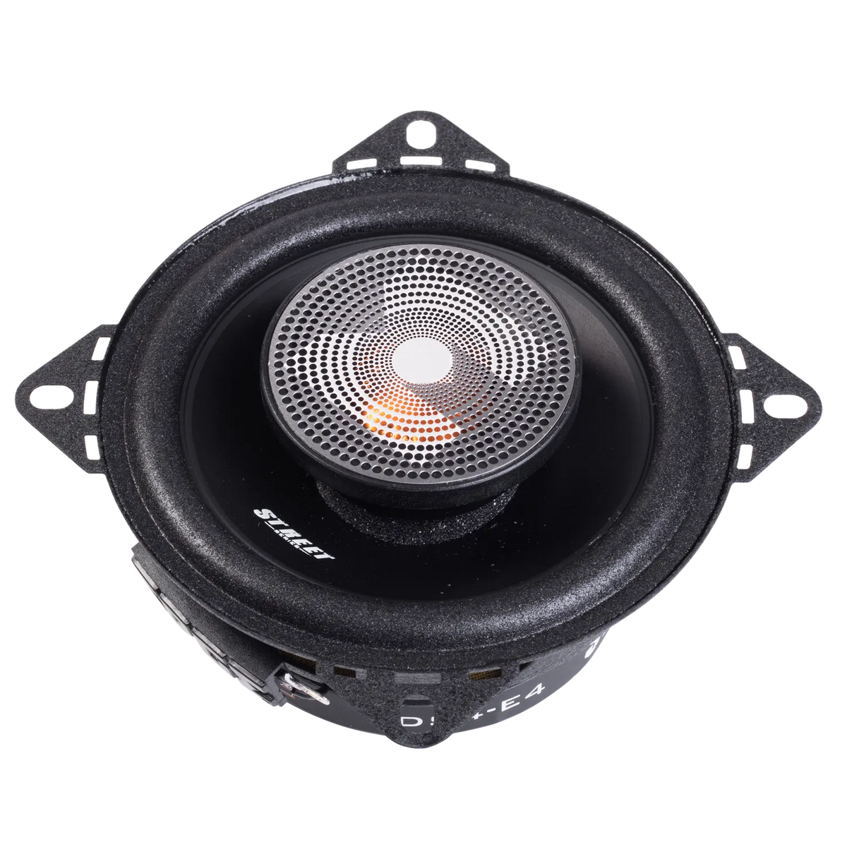 Een ronde zwarte 10 Zoll Edge EDS4-E4 subwoofer voor in de auto met metalen midden en montagebeugels op een witte achtergrond.