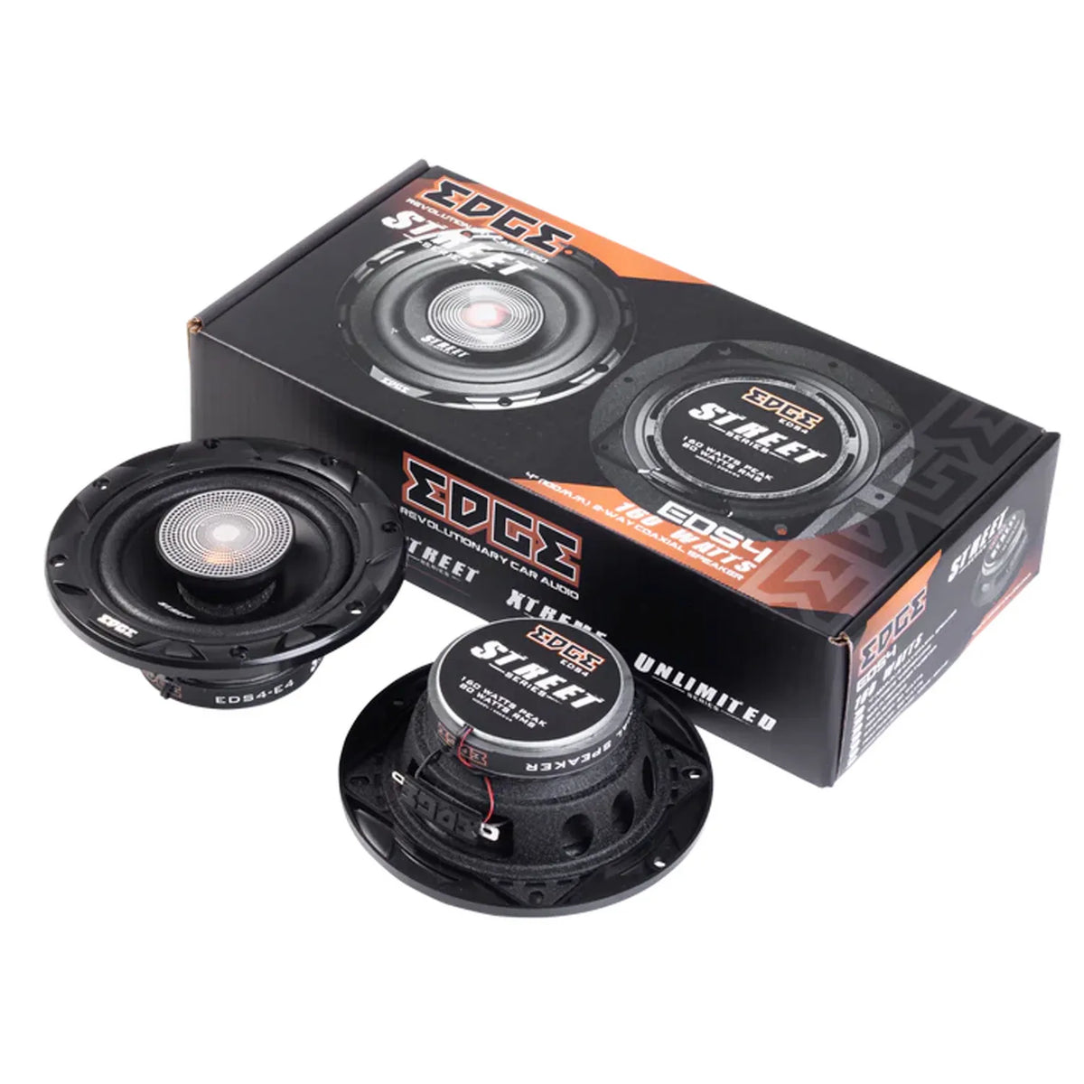 Twee zwarte Edge EDS4-E4 autoluidsprekers worden naast hun verpakking getoond, met een opvallend zwart en oranje ontwerp met 10 Zoll Subwoofer-afbeeldingen.