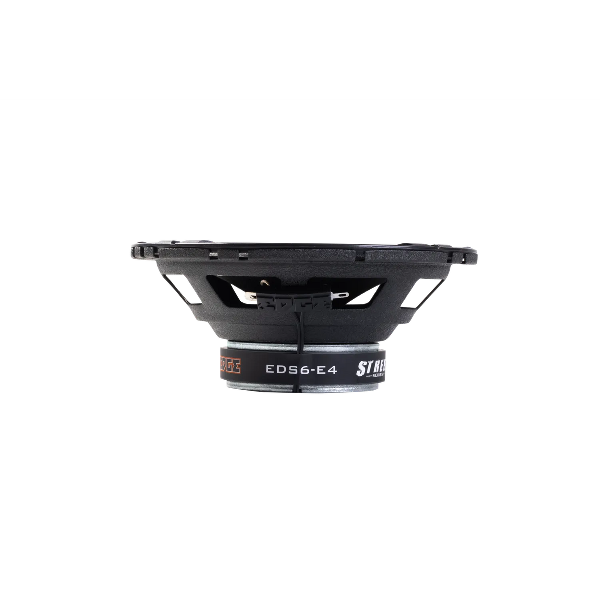Side view of a round black 6.5 Edge EDS6-E4 coaxial speaker driver with visible metal frame, shown against a white background.