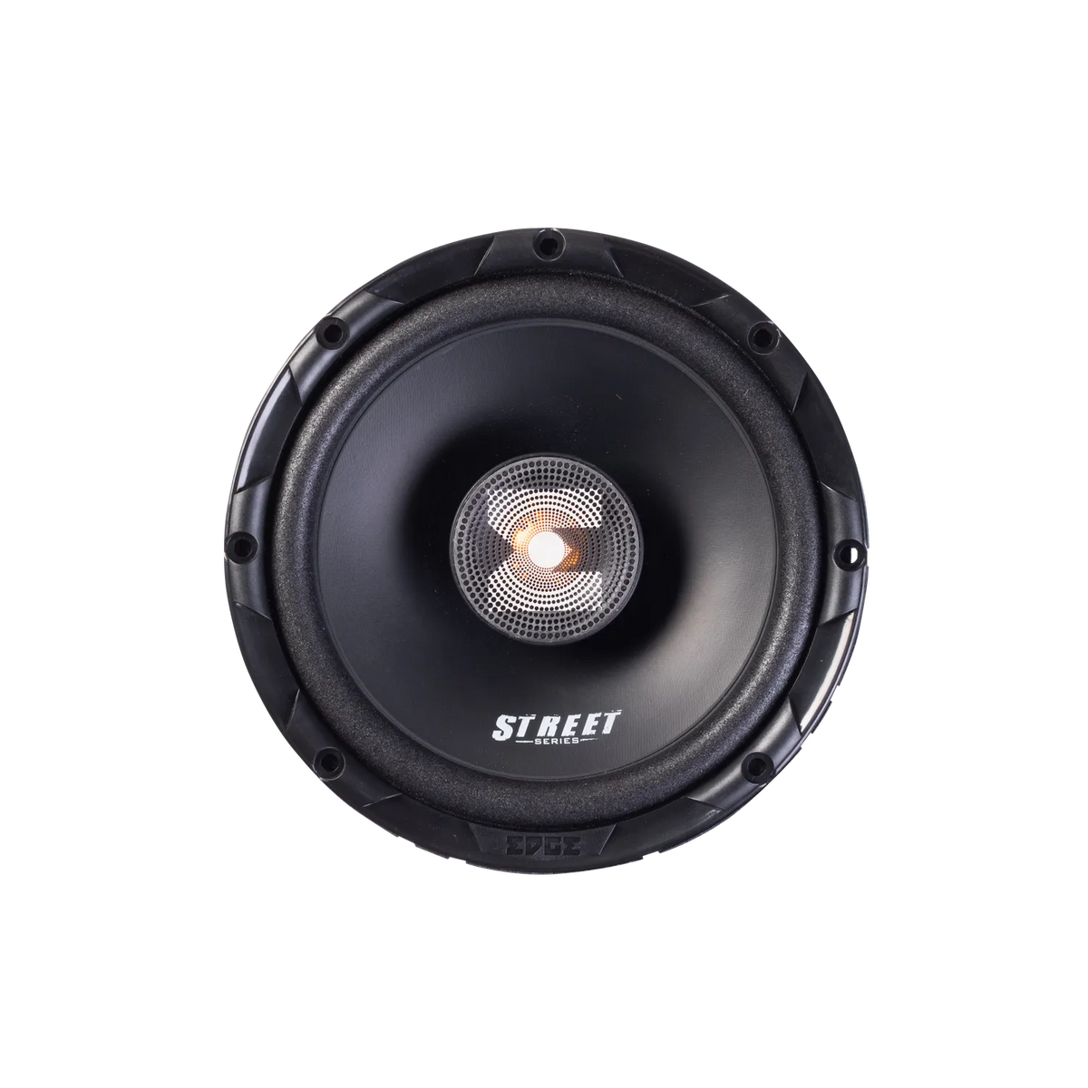 An Edge EDS6-E4 black 6.5 coaxial speaker with STREET at the center, shown from above on a white background.