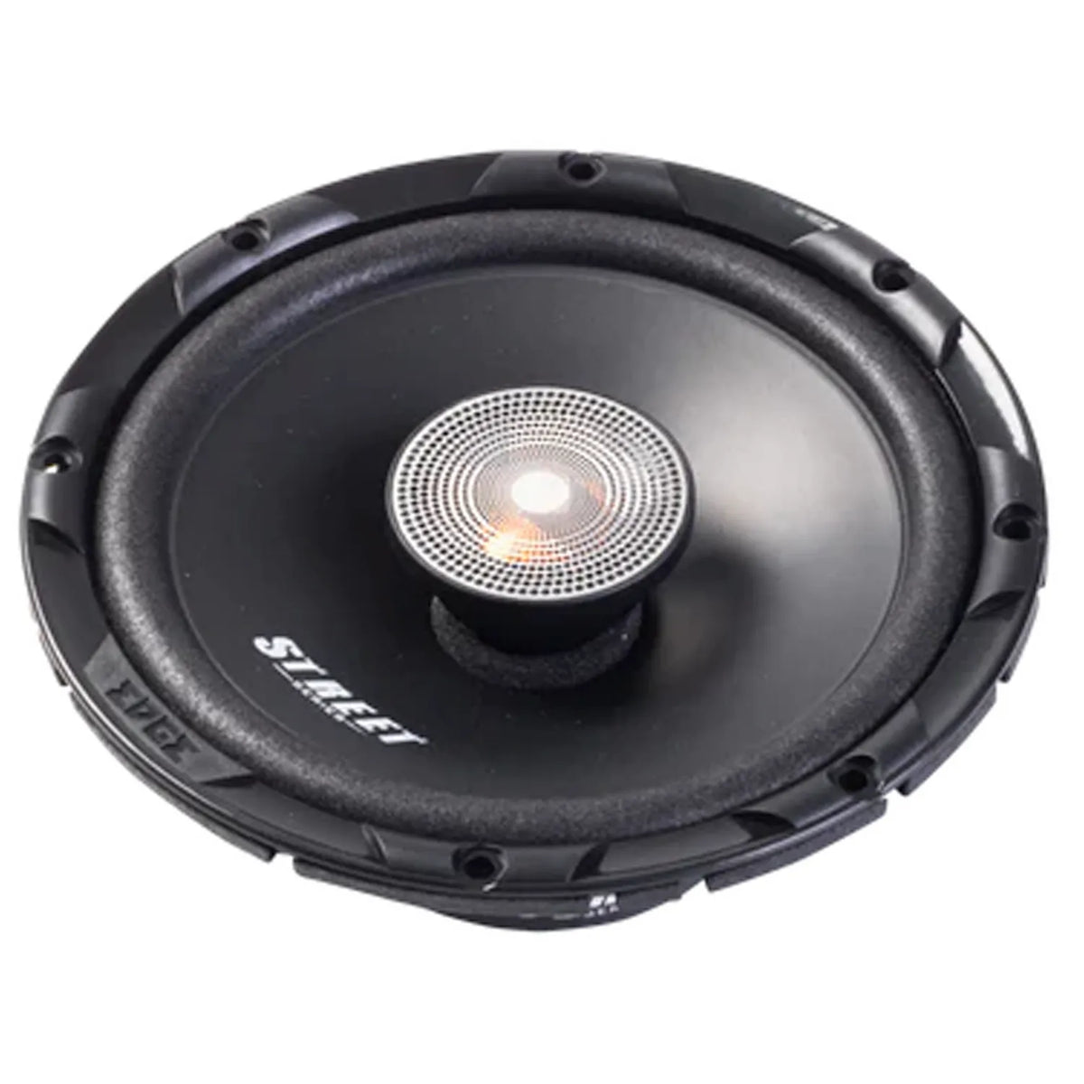 The Edge EDS6-E4 is a round black 6.5 coaxial speaker with a silver mesh SMART grille, detailed cone, and black rim for premium car audio.