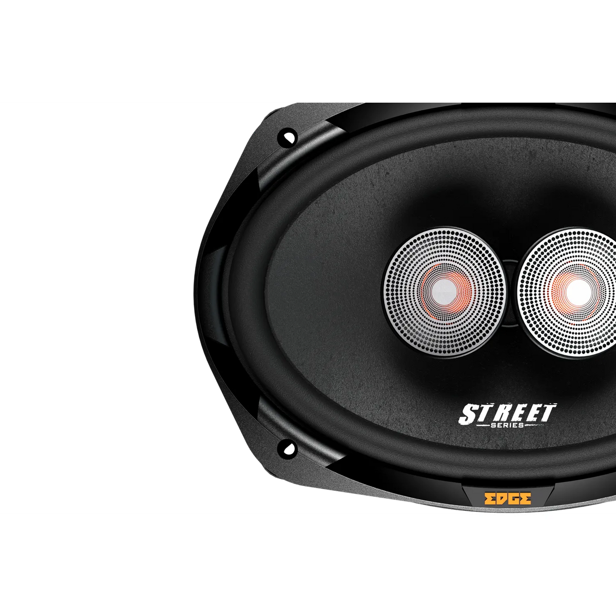 Close-up of the black oval Edge EDS69-E4 car speaker with two silver cones and STREET SERIES label, on a white background.