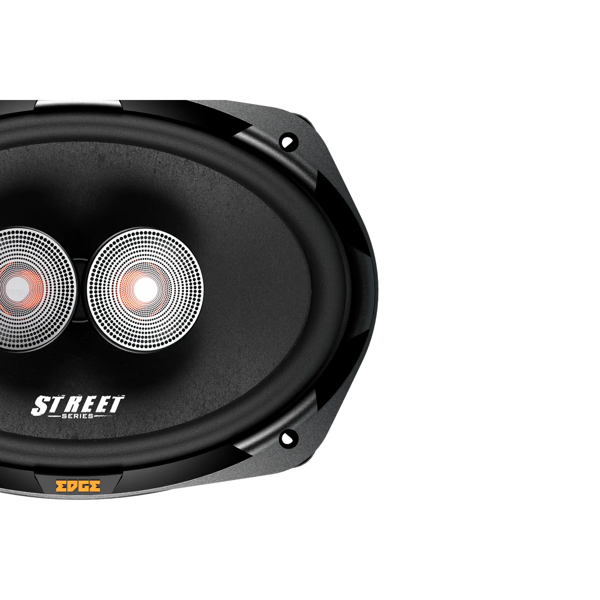 Close-up of Edge EDS69-E4 black oval 6x9 car speaker with 3-way coaxial system and silver mesh covers, labeled STREET SERIES and EDGE.
