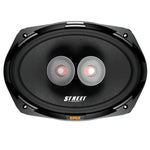 The Edge EDS69-E4 is a black oval 6x9 car speaker set with dual silver mesh tweeters, labeled STREET SERIES and EDGE on the lower edge.