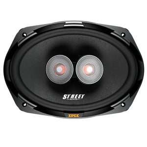 LEdge EDS69-E4 è un set di altoparlanti ovali neri da 6x9 per auto, dotato di due tweeter con griglia argentata, recanti le scritte STREET SERIES e EDGE sul bordo inferiore.