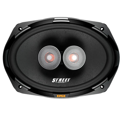The Edge EDS69-E4 is a black oval 6x9 car speaker set with dual silver mesh tweeters, labeled STREET SERIES and EDGE on the lower edge.
