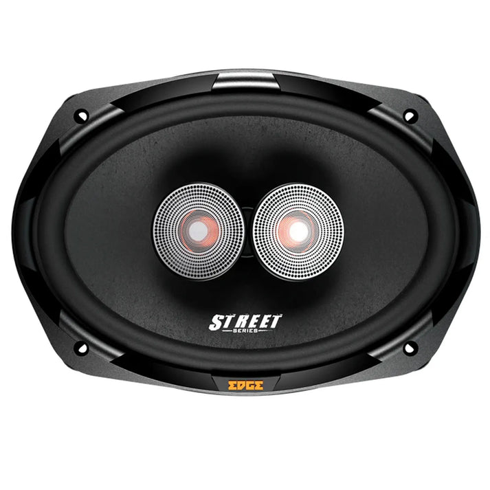 The Edge EDS69-E4 is a black oval 6x9 car speaker set with dual silver mesh tweeters, labeled STREET SERIES and EDGE on the lower edge.