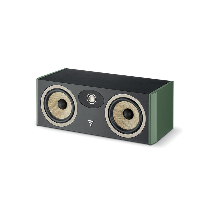 The Focal ARIA EVO X CENTER is a rectangular black and green center speaker with dual woofers and a central tweeter, inspired by Focal Lautsprecher design.