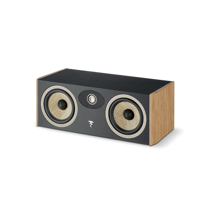 The Focal ARIA EVO X CENTER is a rectangular center speaker with a black front, two circular woofers, a central tweeter, and light wood sides on a white background.