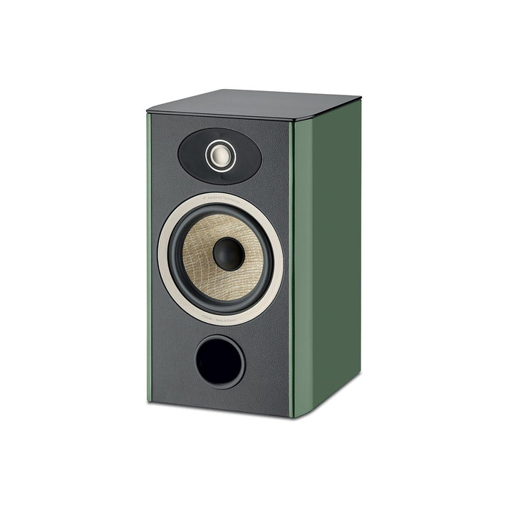 The Focal ARIA EVO X N°1 is a green and black 2-way bookshelf speaker with round tweeter, large flax woofer, and front-facing circular bass port.
