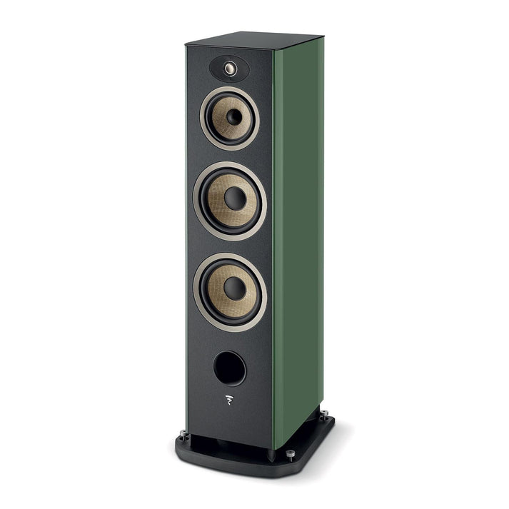 The Focal ARIA EVO X N°4 is a modern 3-way floorstanding speaker with a green side panel, black front, three large drivers, a tweeter, and a circular bass port near the bottom.