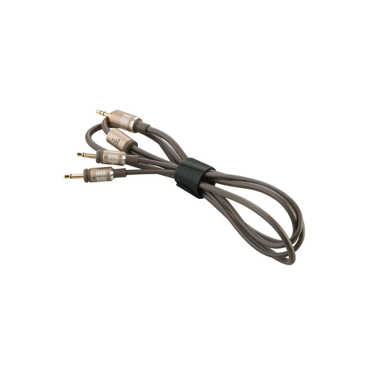 Un cavo audio marrone a spirale con quattro spine metalliche da 3,5 mm, fissato con una fascia nera - ideale per le cuffie Focal Clear Mg e con un suono di alta qualità.