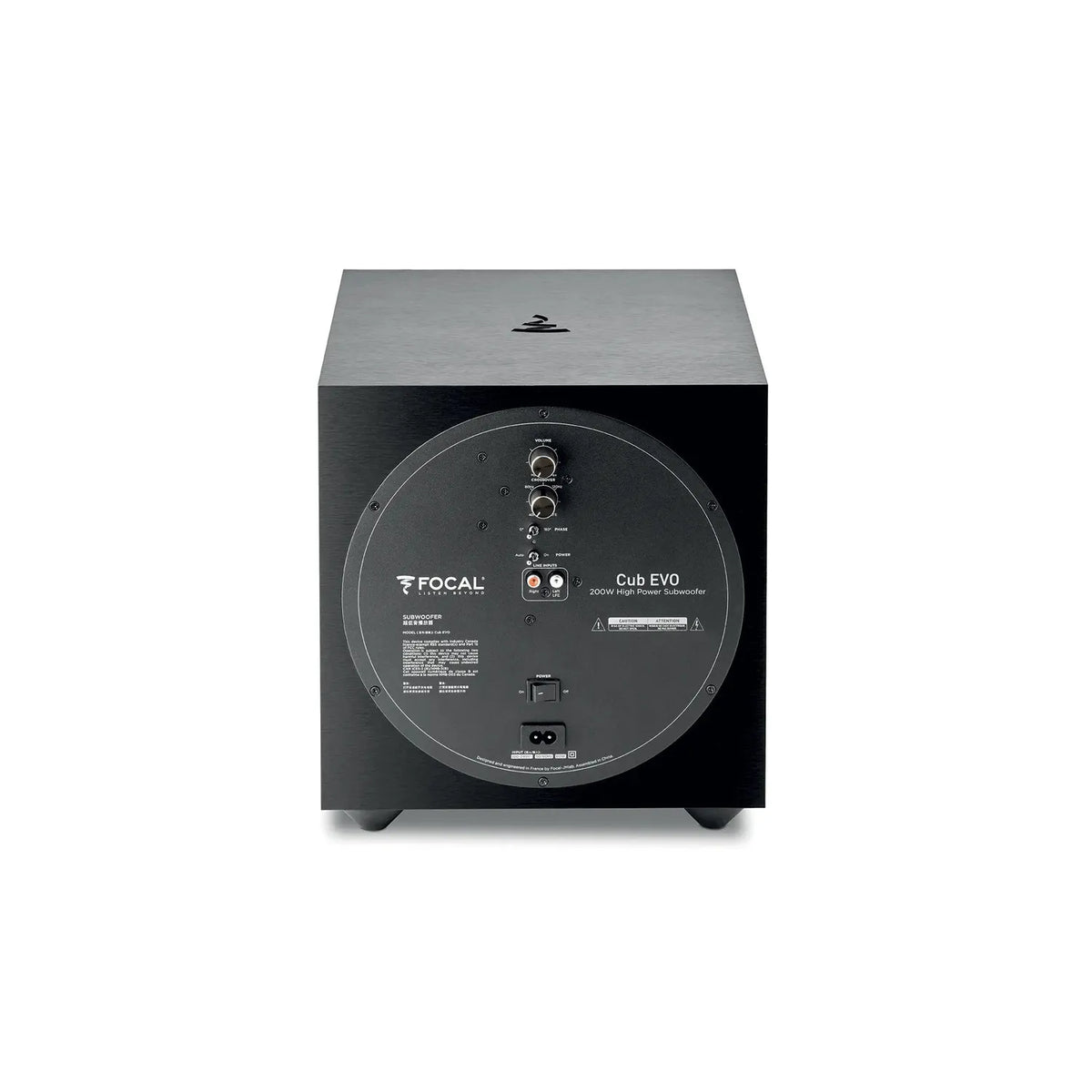 Vue arrière du caisson de basses Focal Cub Evo avec ses ports, ses boutons de réglage et ses entrées/sorties étiquetées - parfait pour tout système de home cinéma.