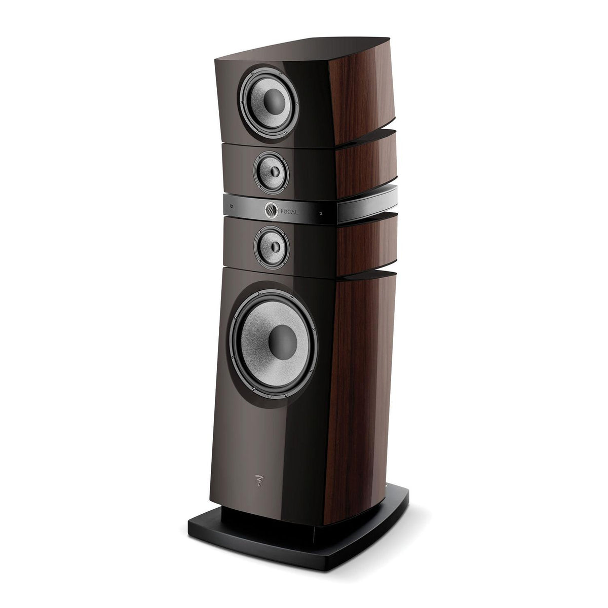 The Focal Grande Utopia EM Evo is a high-end floorstanding speaker with a glossy black and dark wood finish, three round drivers, and a sleek, modern design.