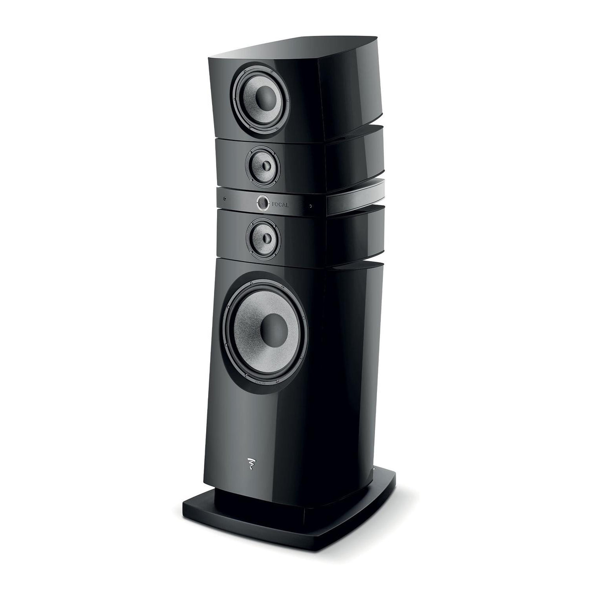 The Focal Grande Utopia EM Evo is a modern, glossy black HiFi speaker with four drivers, curved edges, and a sturdy rectangular base.