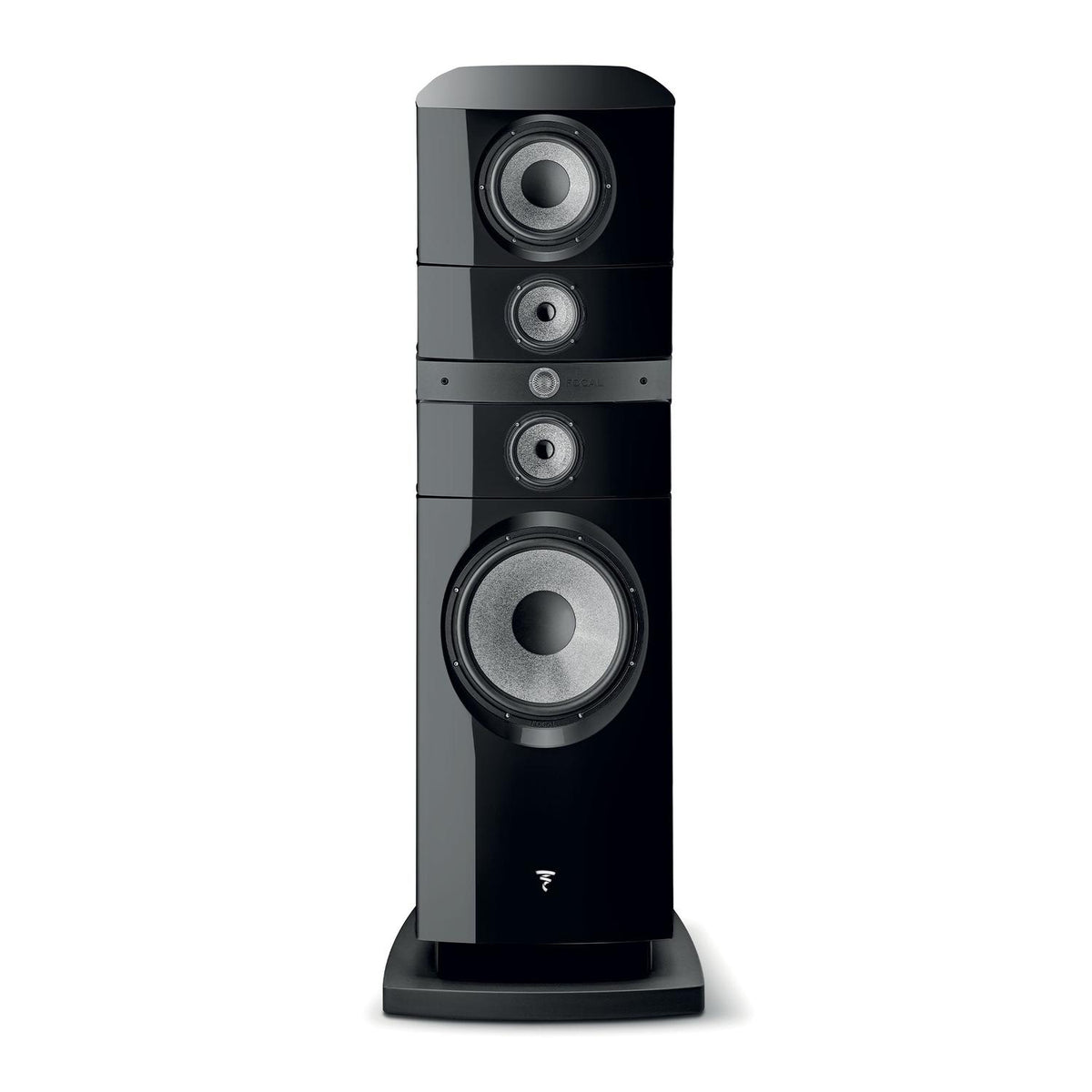 The Focal Grande Utopia EM Evo, a tall black speaker with multiple drivers and a glossy finish, delivers true HiFi sound against a white background.