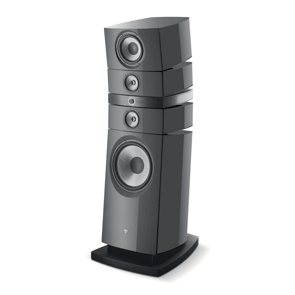 The Focal Grande Utopia EM Evo in black features two woofers, two midrange drivers, a tweeter, and sits on a sturdy rectangular base.