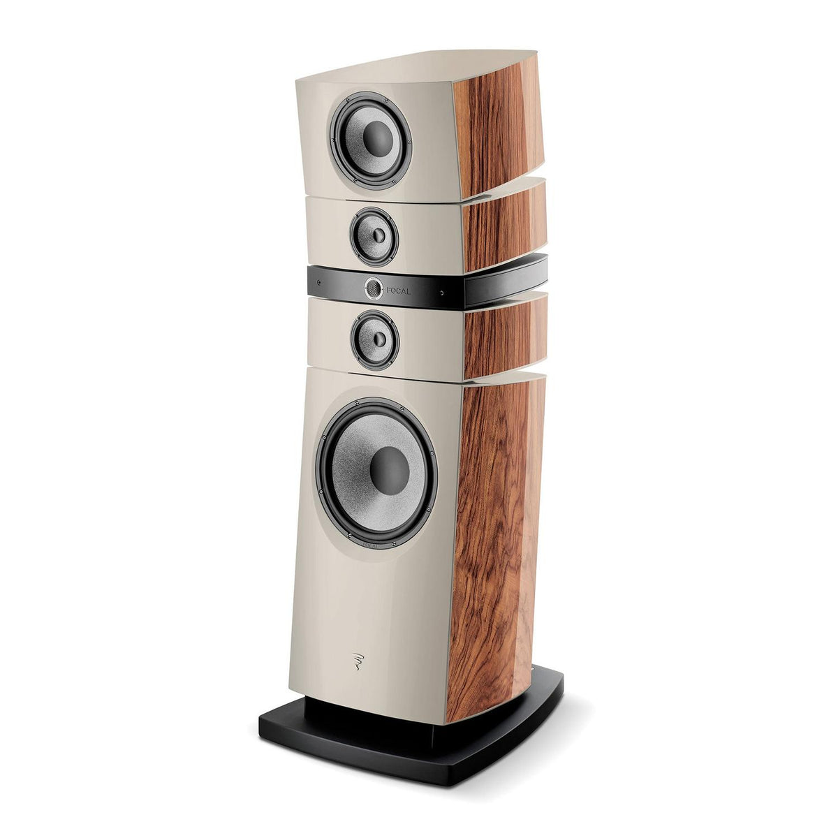 The Focal Grande Utopia EM Evo features a cream front, wood side panels, three round drivers, and a sleek black base.