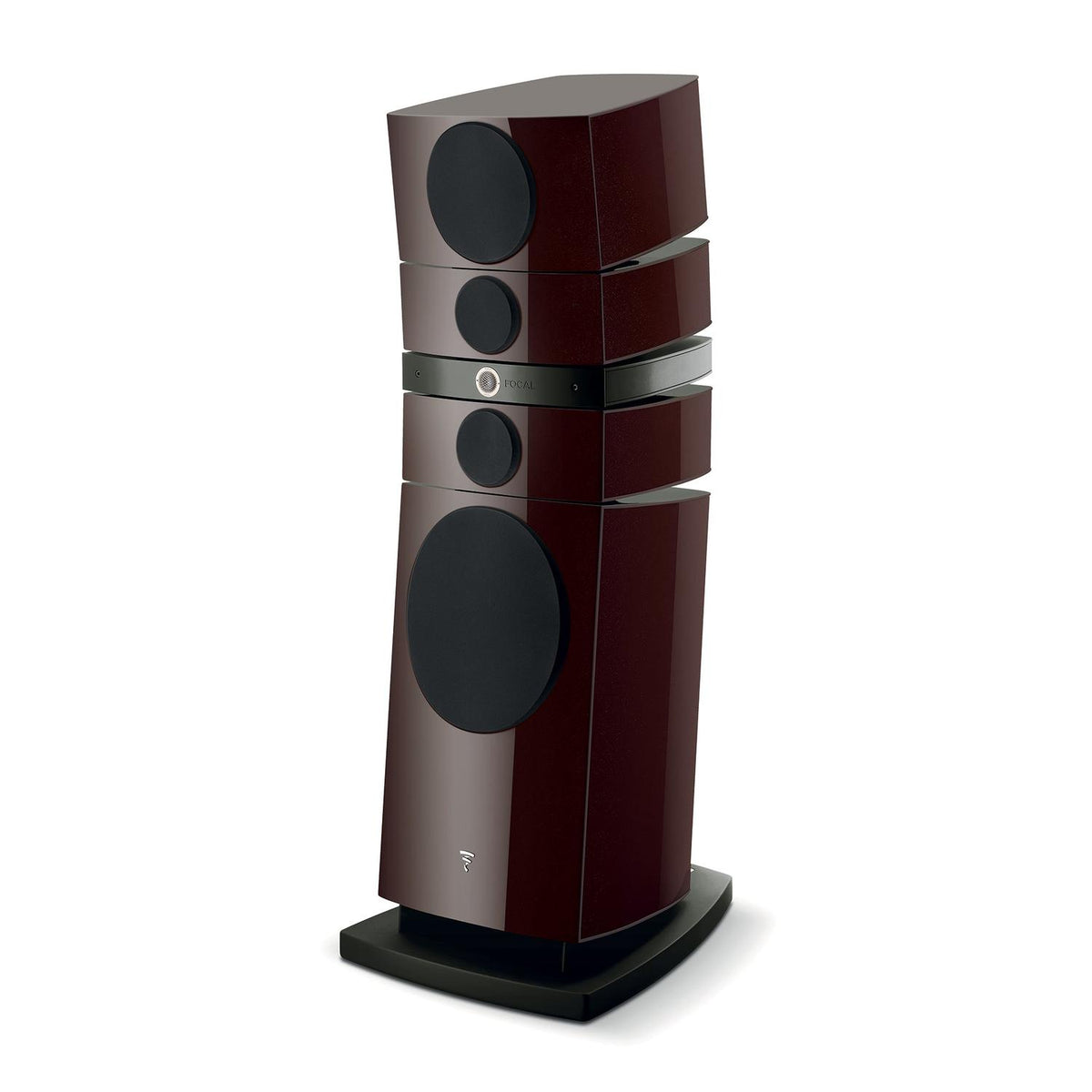 The Focal Grande Utopia EM Evo is a high-end HiFi speaker with a glossy dark wood finish, multiple round drivers, and a modern angular design on a black base.