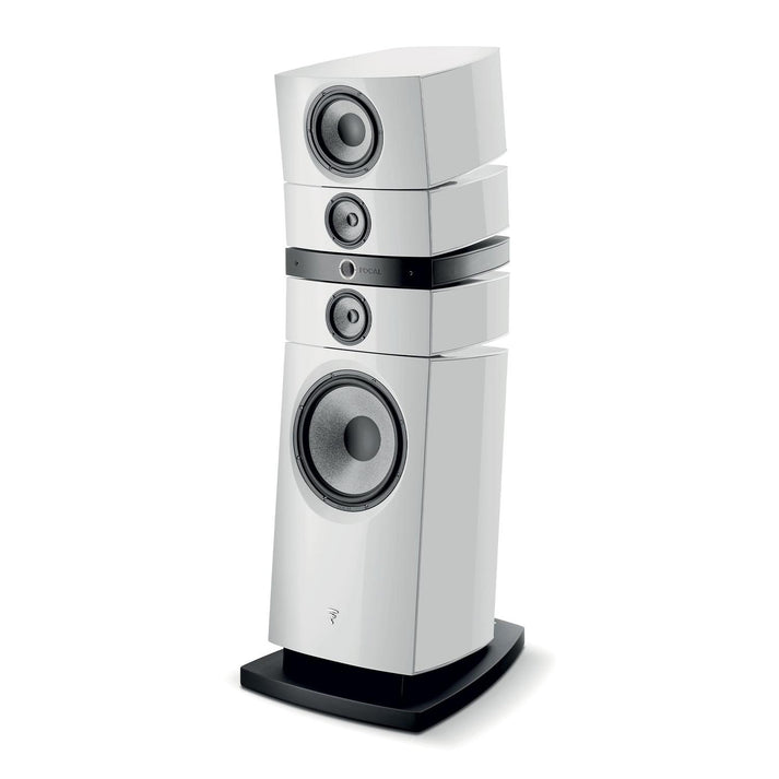 The Focal Grande Utopia EM Evo is a premium white floor-standing speaker with multiple drivers, an angular design, and a black base, displayed on a white background.