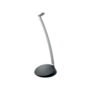 Een slanke, moderne hoofdtelefoonstandaard met een gebogen metalen arm en ronde zwarte basis - perfect voor je Focal Hip Evo Stativ opstelling.