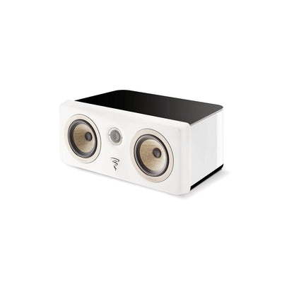 The Focal Kanta CC Center is a modern white speaker with dual round Flax-Membran drivers, a central tweeter, and a black top, shown on a white background.