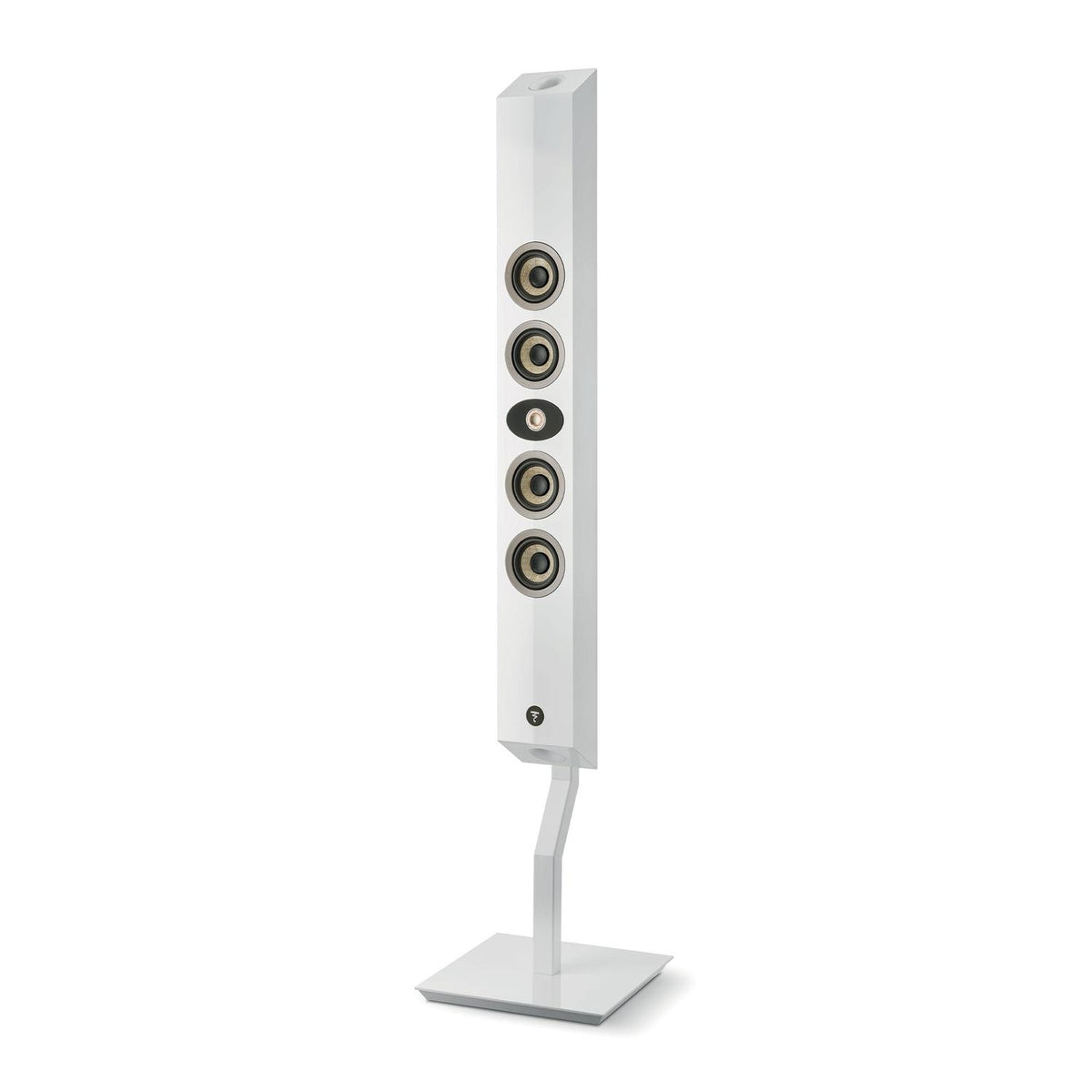 Une grande enceinte Focal blanche avec quatre haut-parleurs circulaires sur un pied Focal OnWall 300 Stativ assorti avec une base carrée.