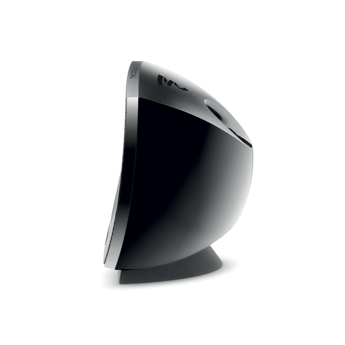 Side view of a sleek, black Focal Sib Evo speaker with a curved back on a gray base against a white background.