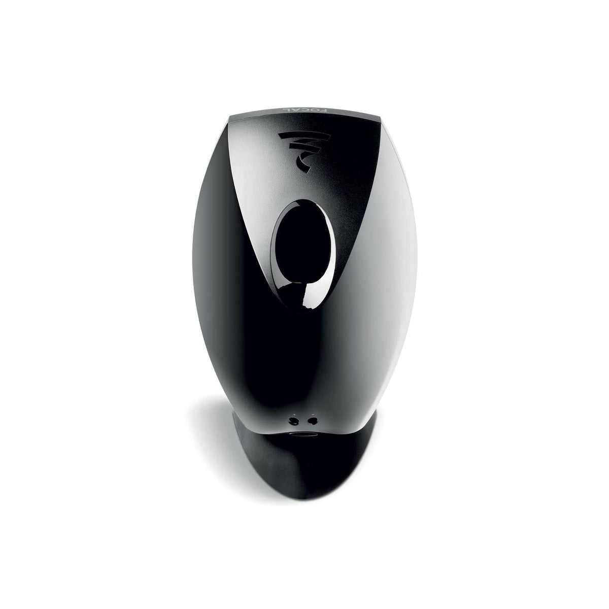 A black Focal Sib Evo speaker with a small round front sensor stands upright on a flat base against a white background.