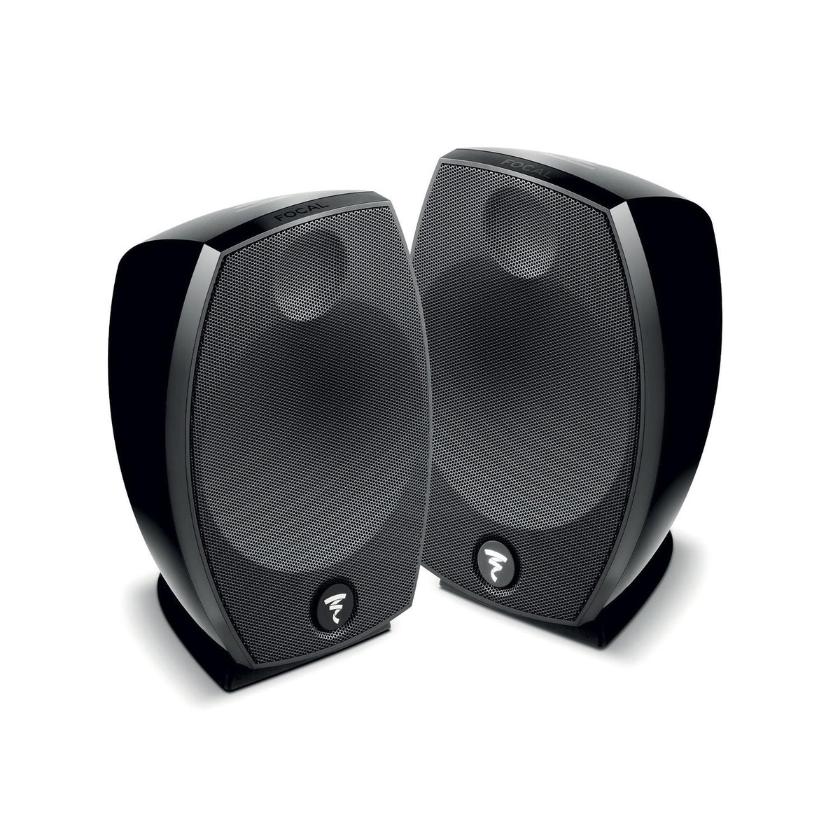 Two sleek, black Focal Sib Evo speakers with rounded edges and mesh fronts, placed side by side on a white background.