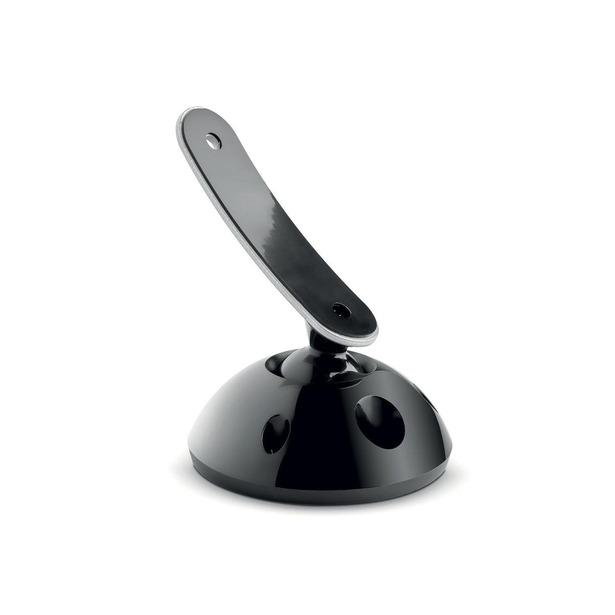 Een slanke zwarte magnetische deurstopper met een gebogen arm en koepelvoet, geïnspireerd op het ontwerp van Focal Sib EvoWallmount-luidsprekeraccessoires.