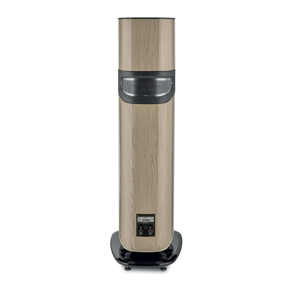 Tall, cylindrical space heater with wood finish, black mesh vent, and digital display—styled to complement Focal Sopra N°2 setups.