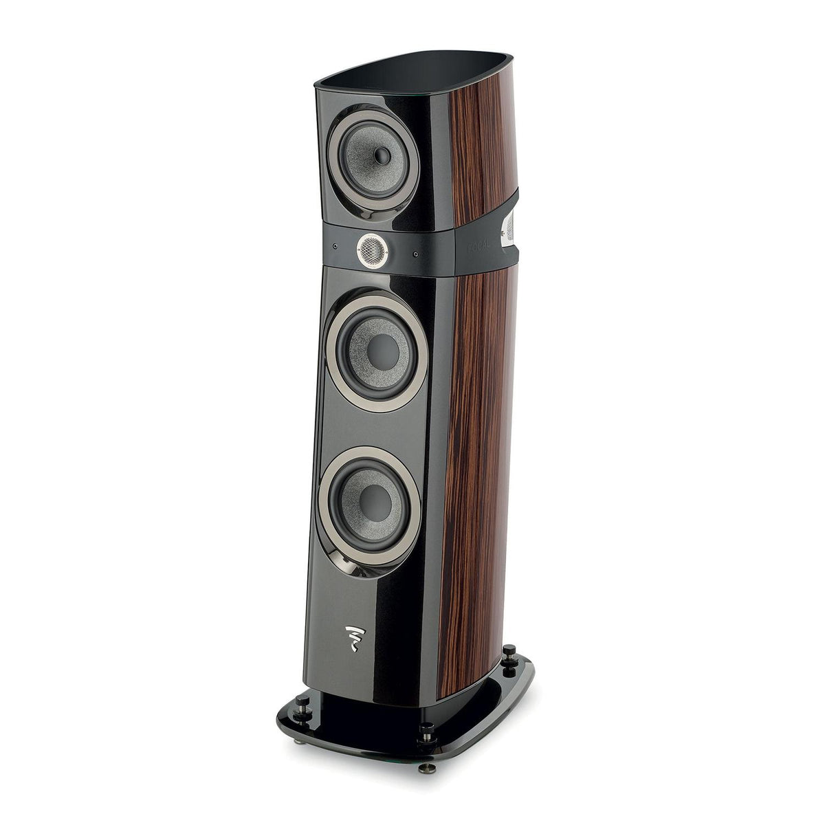 The Focal Sopra N°2 features a glossy black and wood finish, three visible drivers, and delivers Hi-Fi sound in a sleek, modern design.