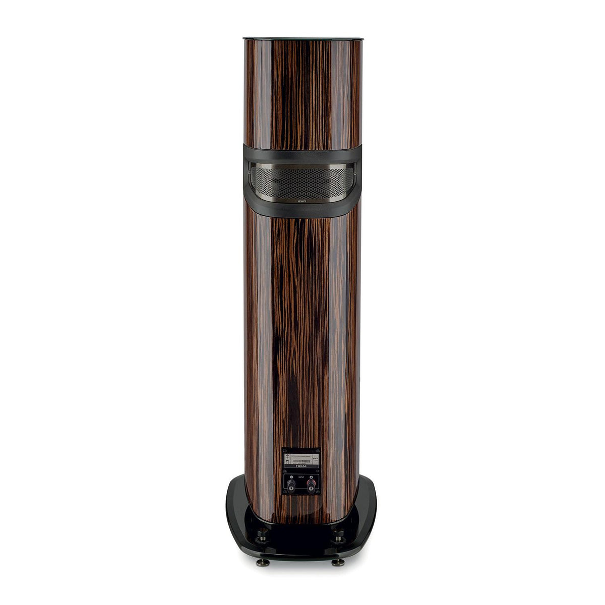 The Focal Sopra N°2 is a tall, cylindrical speaker with a glossy dark wood finish and black grille, delivering hi-fi sound on a sleek black base.