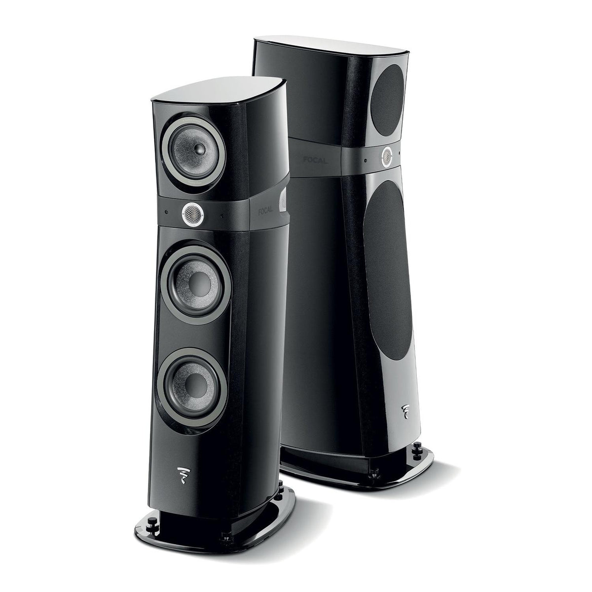 Two sleek, black Focal Sopra N°2 speakers with multiple drivers and curved cabinets deliver hi-fi sound against a white background.