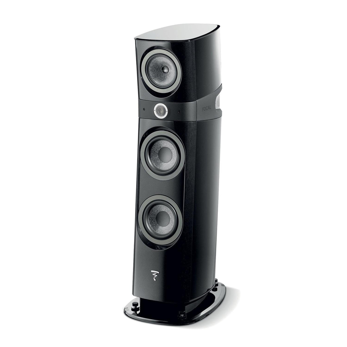 The Focal Sopra N°2 is a tall, black speaker with four circular drivers and a glossy finish, delivering premium Hi-Fi sound on its matching base.