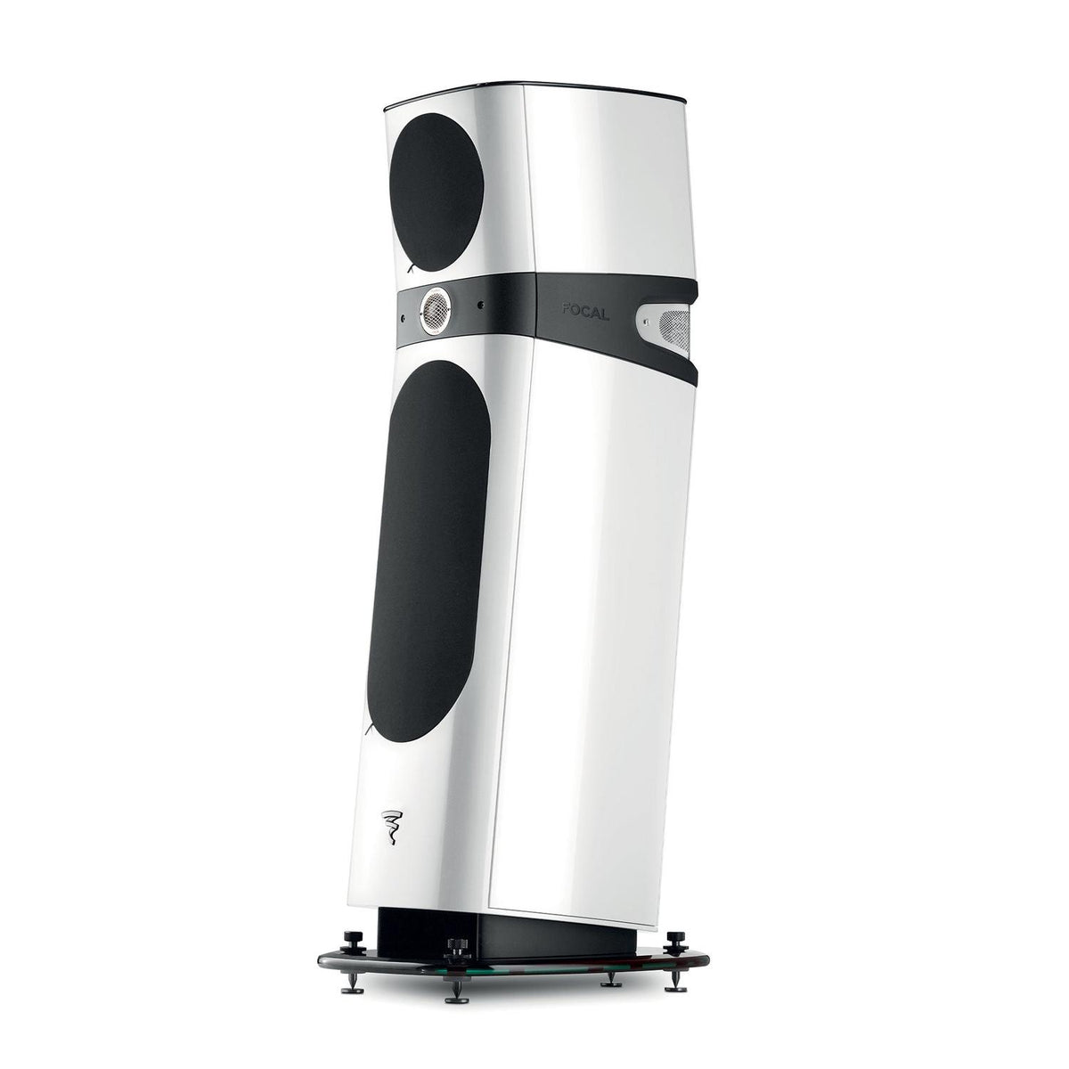 The Focal Sopra N°2 is a tall, modern white 3-way floorstanding speaker with black grilles, silver accents, and a sturdy base for stable Hi-Fi sound.