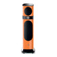 The Focal Sopra N°2 is a tall orange 3-way floorstanding speaker with black circular and oval covers plus a central control or sensor for Hi-Fi sound.