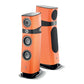 Two tall, modern Focal Sopra N°2 speakers in orange with black details, featuring multiple drivers and Hi-Fi sound on black bases against a white background.