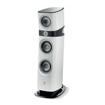 The Focal Sopra N°2 is a modern white stand speaker with three large drivers and a small tweeter on a black base, delivering premium hi-fi sound.