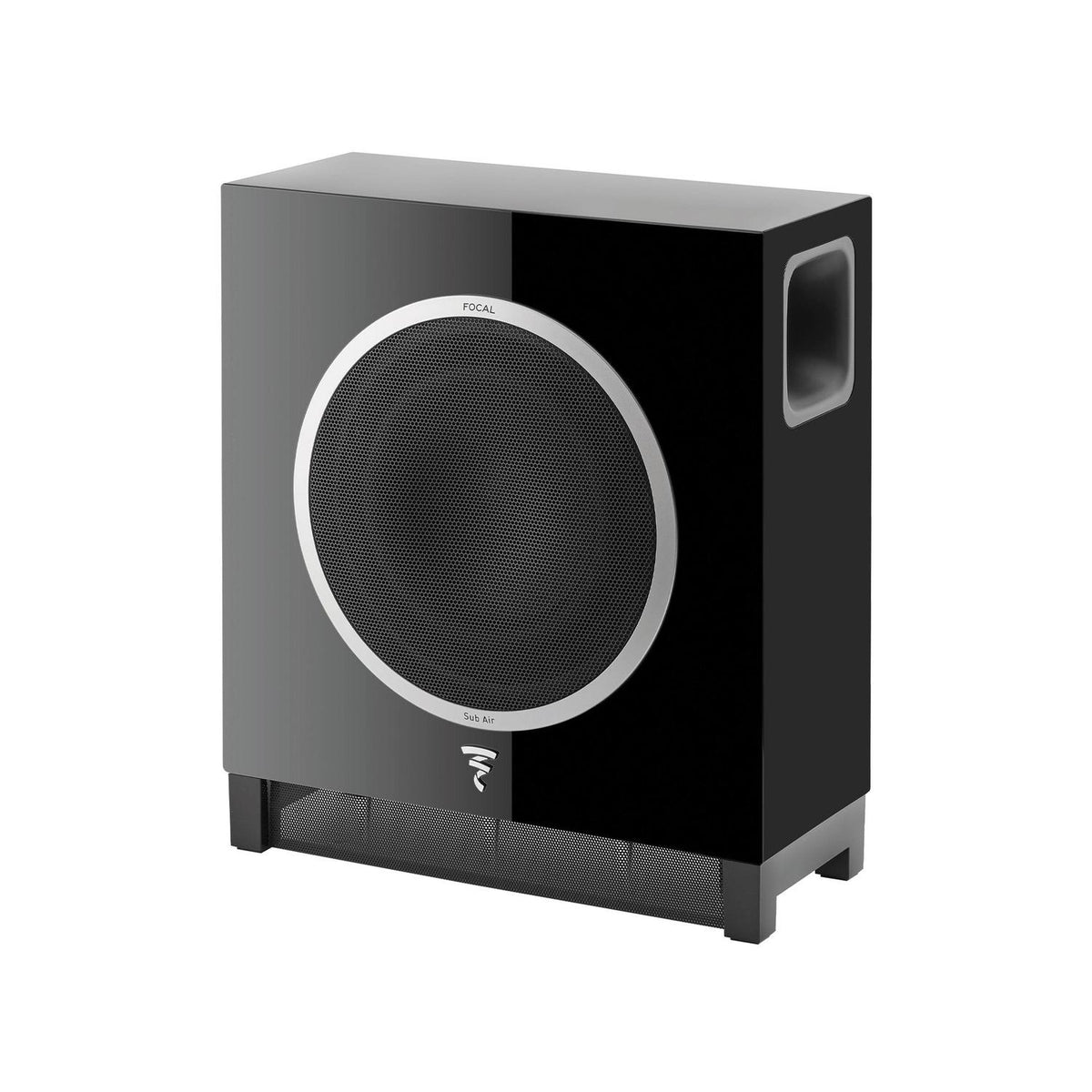 El subwoofer activo inalámbrico Sub Air de Focal presenta un elegante diseño en negro con una gran rejilla circular, un anillo plateado de acento y una salida de aire lateral, y ofrece unos graves potentes.