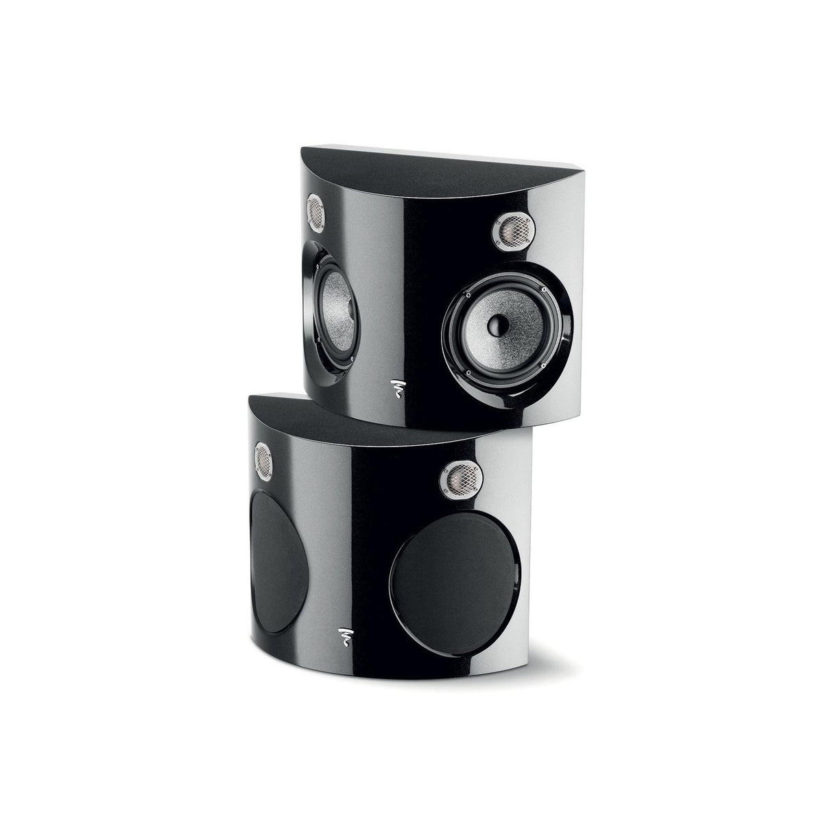 Due eleganti diffusori neri Focal Surround Be con driver rotondi a vista e finitura lucida, ideali per la vostra installazione Heimkino.