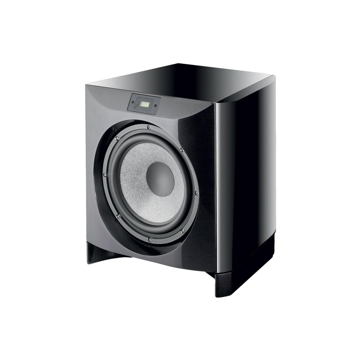 Il subwoofer Focal SW1000, dotato di un display digitale e di un grande cono anteriore, offre bassi profondi e una qualità sonora impressionante su uno sfondo bianco.