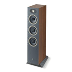 The Focal Theva N°2 is a 3-way floorstanding speaker with wood finish, gray front, three large Slatefiber drivers, and a compact tweeter above.