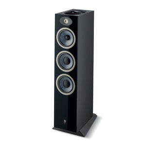 The Focal Theva N°3-D is a black 3-way floorstanding speaker with three circular drivers, front tweeter, and open top for immersive home theater sound.