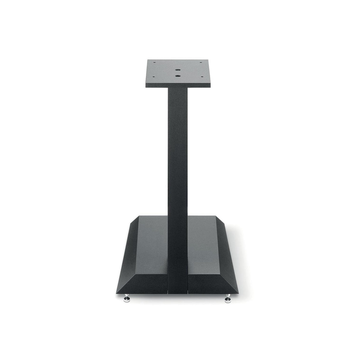 The Focal Theva Vestia N°1 Stativ is a black metal speaker stand with a rectangular top plate, single central support, and wide base with adjustable feet, shown on a white background.