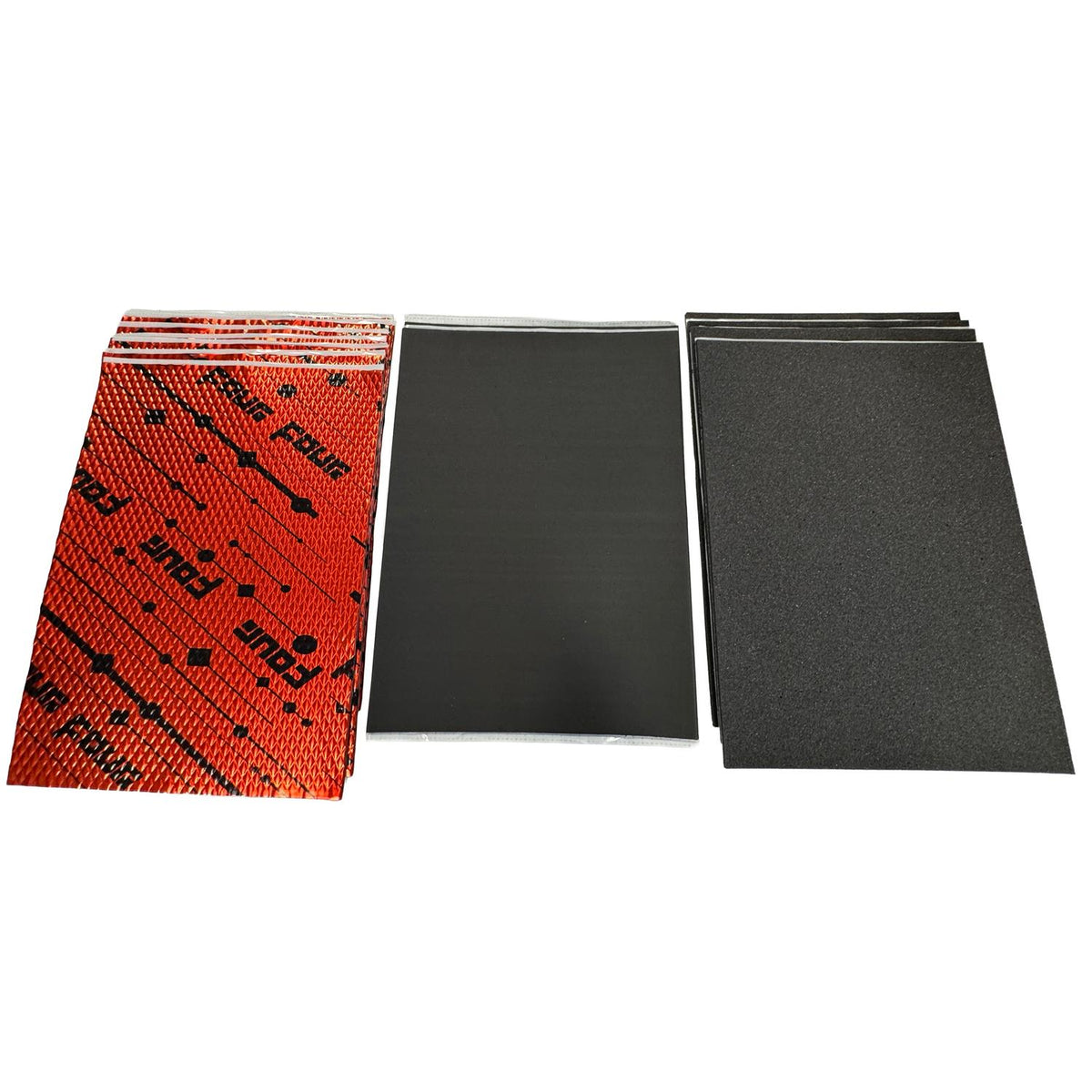 Tre pile di pannelli in alubutile Four Connect S2-Door Solution per lisolamento acustico delle portiere delle auto, su sfondo bianco.
