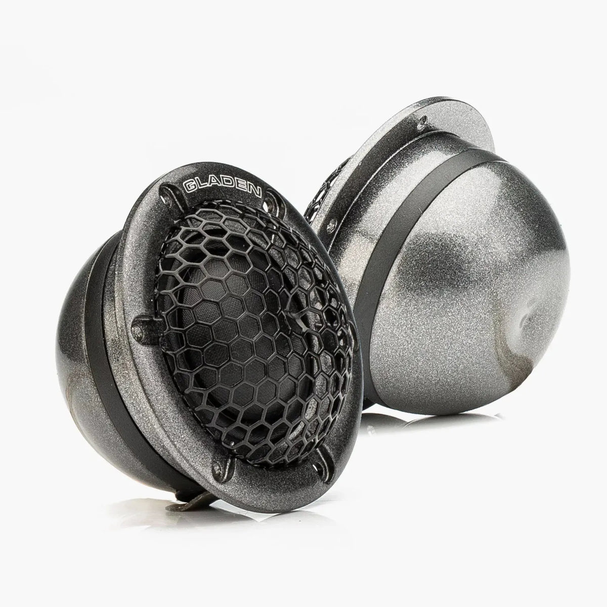 Two Gladen Aerospace 28 metallic spherical tweeters with honeycomb black grilles are shown on a white background.