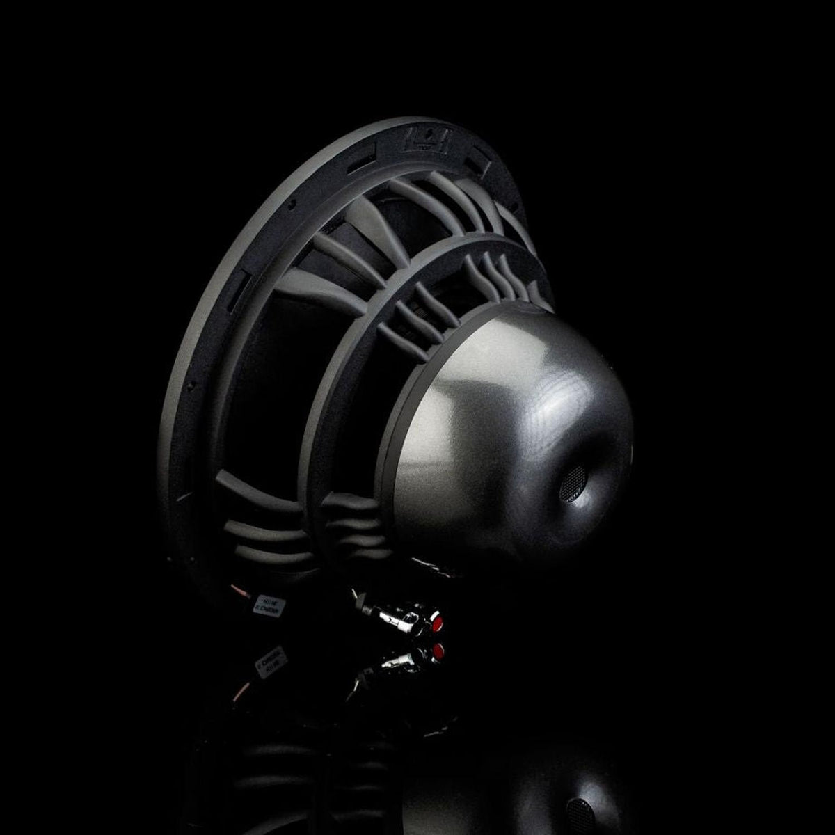De subwoofer „Aero 10“ van Gladen Aerospace is voorzien van een metalen membraan, een robuust frame en rood-zwarte aansluitingen – ideaal voor hoogwaardige hifi-systemen voor in de auto, hier afgebeeld tegen een zwarte achtergrond.