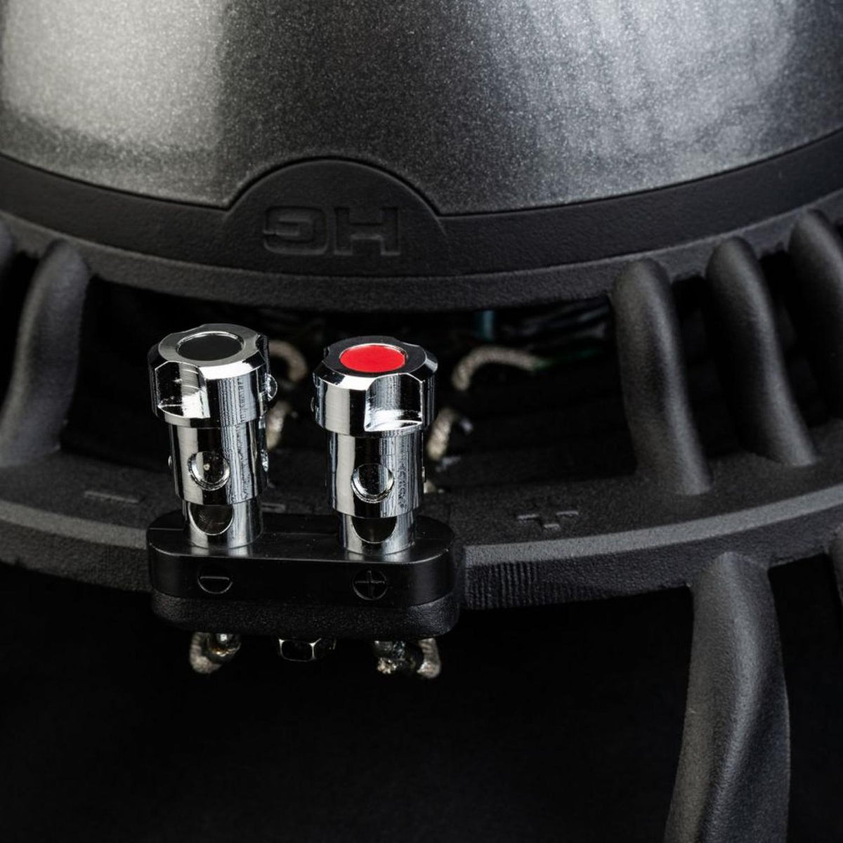 Close-up van Gladen Aerospace Aero 10-aansluitingen op een zwarte behuizing, voorzien van de aanduiding +/−—ideaal voor elke hoogwaardige auto-hifi-subwooferopstelling.
